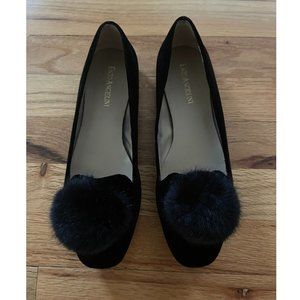 Enzo Angiolini Libelle Velvet Faux Fur Pompom Flat Shoes Size 7M Black Round Toe